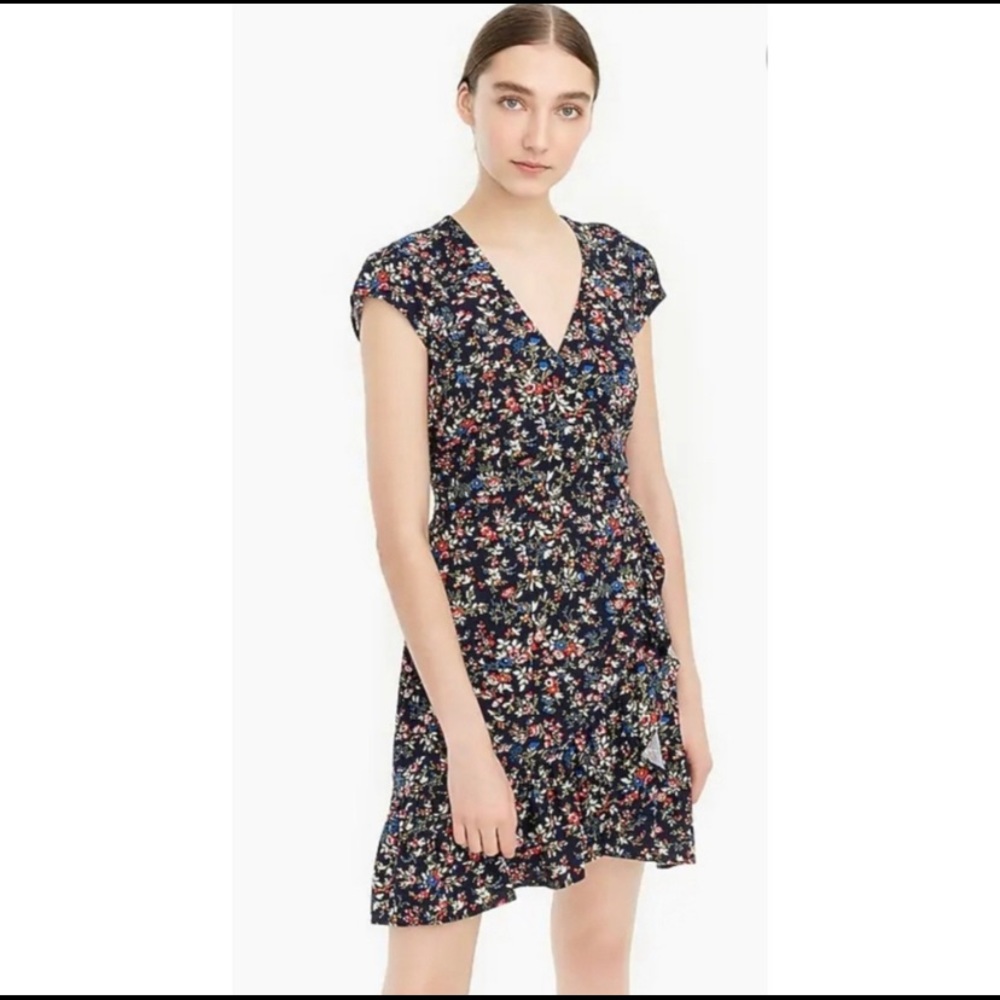 J.Crew Navy Floral Faux Wrap Ruffle-Front Dress
